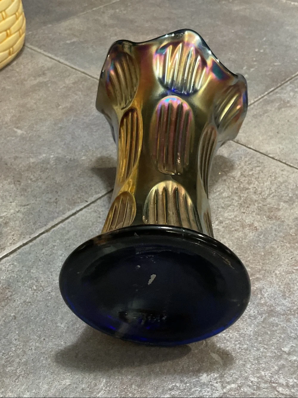 Fenton Iridescent Green and Bronze Ruffled Glass Vase